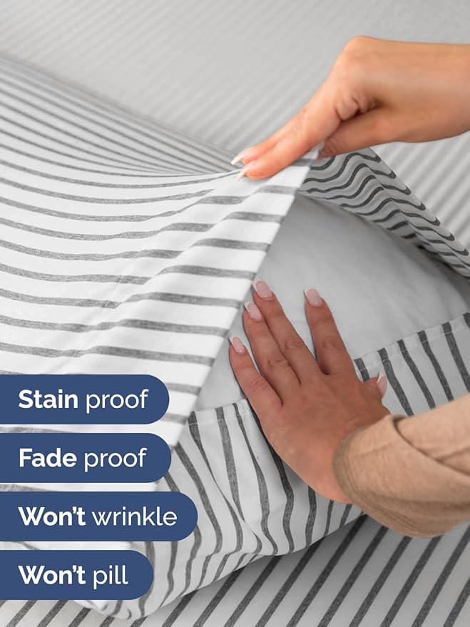 Extra Deep Pocket Twin Sheets - 3 Piece Breathable & Cooling Bed Sheets - Hotel Luxury Bed Sheet Set - Soft, Wrinkle Free & Comfy - Easily Fits Extra Deep Mattresses - Deep Pocket Grey Striped Sheets