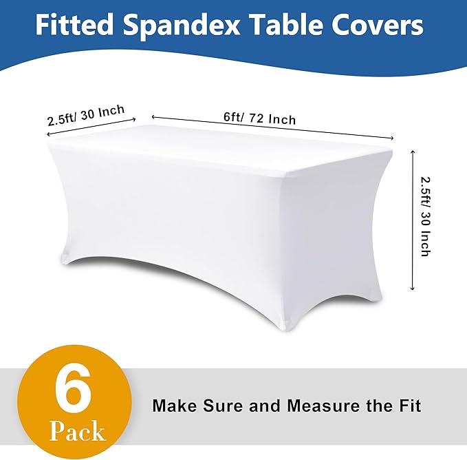 Enjoyidea Table Cover for 6 foot Rectangle Tables-6 Pack White Fitted Stretch Tablecloth-Elastic Spandex 6ft Folding Tablecloths for Party, Vendor Booth Display, Banquet Buffet Event, Craft Trade Show