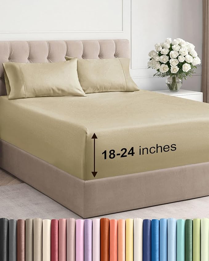 Extra Deep Pocket Queen Sheet Set - 4 Piece Breathable & Cooling Bed Sheets - Hotel Luxury Sheet Set - Ultra Soft, Wrinkle Free & Comfy - Easily Fits Extra Deep Mattresses - Deep Pocket Beige Sheets