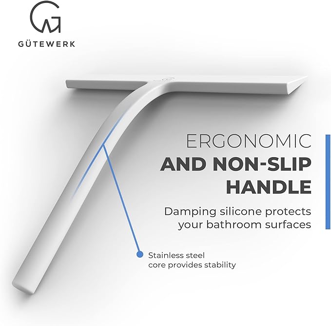 G횥TEWERK Shower Squeegee for Glass Doors, Silicone Window Squeegee, Bathroom and Glass Cleaning - White - 9 Inch