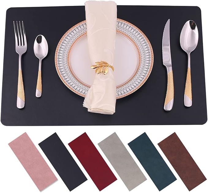 Faux Leather Placemats with Rounded Corners Set of 4,Wipeable&Washable Place Mats,Waterproof&Oilproof Table Mats,Heat-Resistant,Non-Slip for Kitchen Table(Black,4)