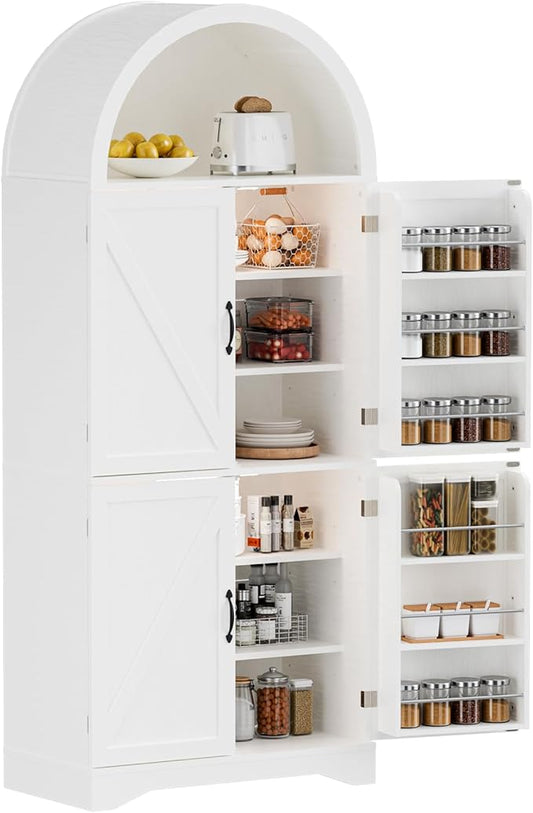 Arched Kitchen Pantry Cabinet with Adjustable Shelves, Modern Farmhouse Storage Cupboard, White Freestanding Wood Cabinet with LED Lights, 70.86 x 29.9 x 15.74 Inches.