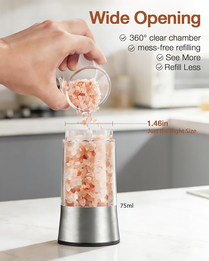 Electric Salt and Pepper Grinder Set, Gravity Operated, USB-C Rechargeable & Charging Base, Stainless Steel, Dual LED Guiding Lights, Comfortable Grip, Adjustable Coarseness, Perfect for Kitchen