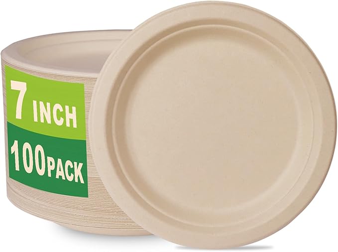 GreenWorks 100 Count 7??Heavy-duty Compostable Plates, Unbleached Biodegradable Bagasse and Bamboo fiber Paper Plates