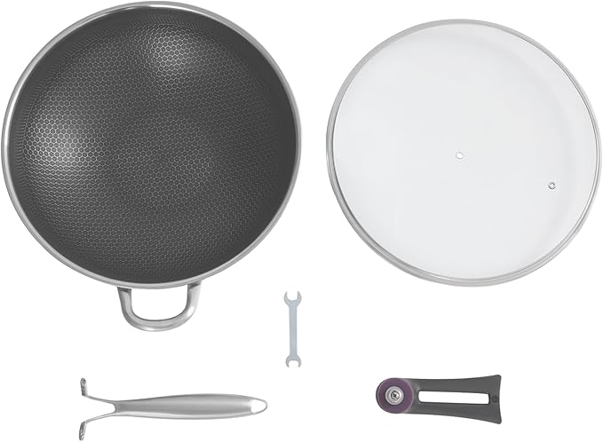 14.2 inch Stainless Steel Stir-fry Wok, Cooking Frying Pan, Non Stick Honeycomb Skillet with Stay Cool Handle, Class LId, Suitable for Induction, Ceramic, Electric, and Gas Cooktops
