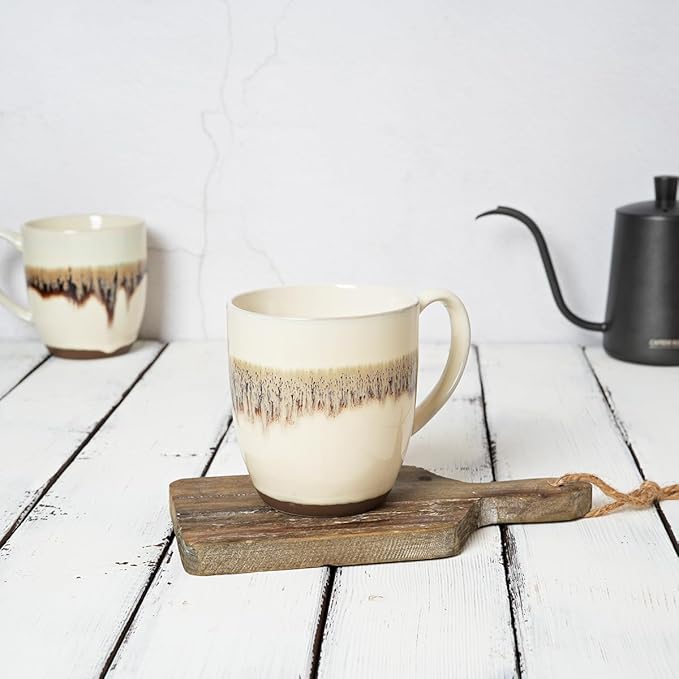 Bosmarlin Ceramic Coffee Mug Set of 4, 17 Oz, Stoneware Coffee Cups with Big Handle, Microwave Safe, Unique Reactive Glaze(17 Oz, Beige)