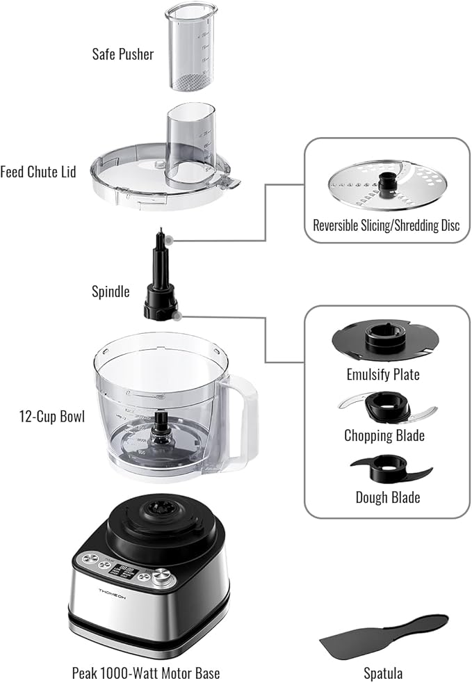 TWOMEOW Food Processor, 4 Programs & Pulse,1000W Max Power,12 Cups Total Volume for Slicing, Mincing, Dicing, Shredding, Puree, Dough and Vegetable Chopper Clean Bowl Scraper, Stainless Steel