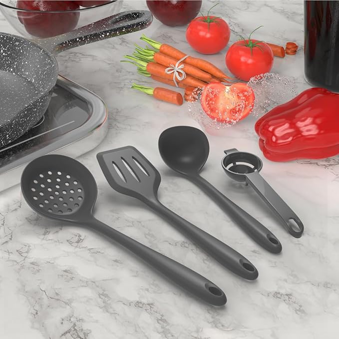 AOTHOD Silicone Cooking Utensils Set - 446째F Heat Resistant Kitchen Utensils,Spatula Sets,Turner Tongs,Spoon,Kitchen Utensil Gadgets Tools Set for Nonstick Cookware,Dishwasher Safe BPA Free (Gray)