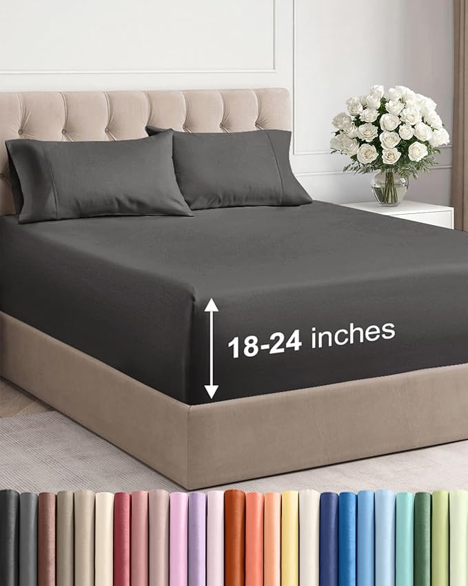 Extra Deep Pocket Cal King Sheets - 4 Piece Breathable & Cooling Bed Sheets - Hotel Luxury Bed Sheet Set - Soft, Wrinkle Free & Comfy - Easily Fits Extra Deep Mattresses - Deep Pocket Charcoal Sheets