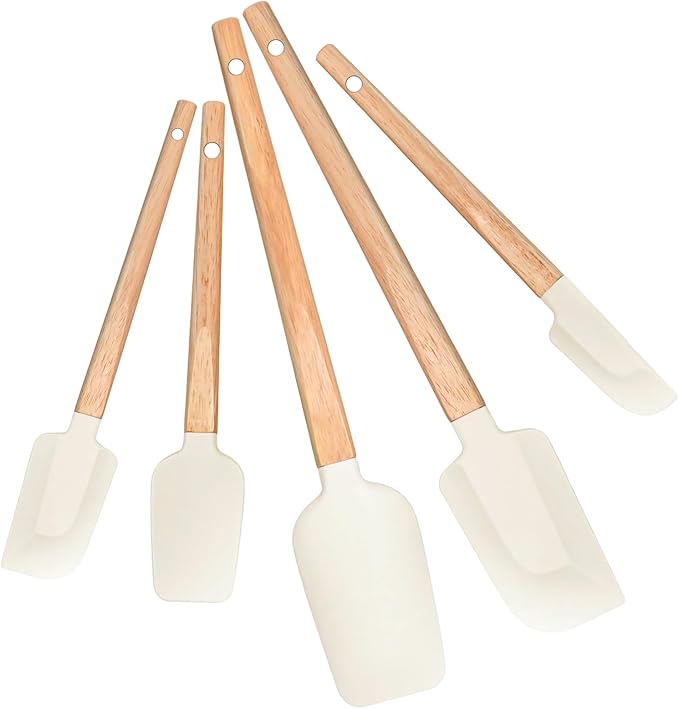Non-Stick Rubber Spatula Set 5 Pieces - Food Grade Silicone Spatulas, Spoon Scraper, Jar Scraper, Flat Scraper for Baking Cooking Mixing Frosting - 600째F Heat Resistant (Cream White)