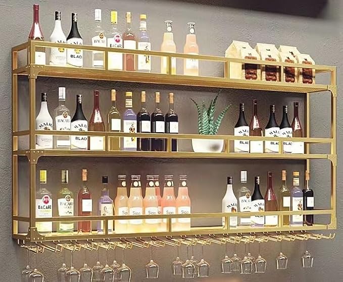 59 Inch Upgrade Metal Wine Rack Wall Mounted, Bar Shelves Wall Mounted with LED Light, Large 3-Tier Liquor Bar Display Shelf with Hang Mugs and Wine Glasses for Home Bars & Kitchen (Gold, 59-Upgrade)