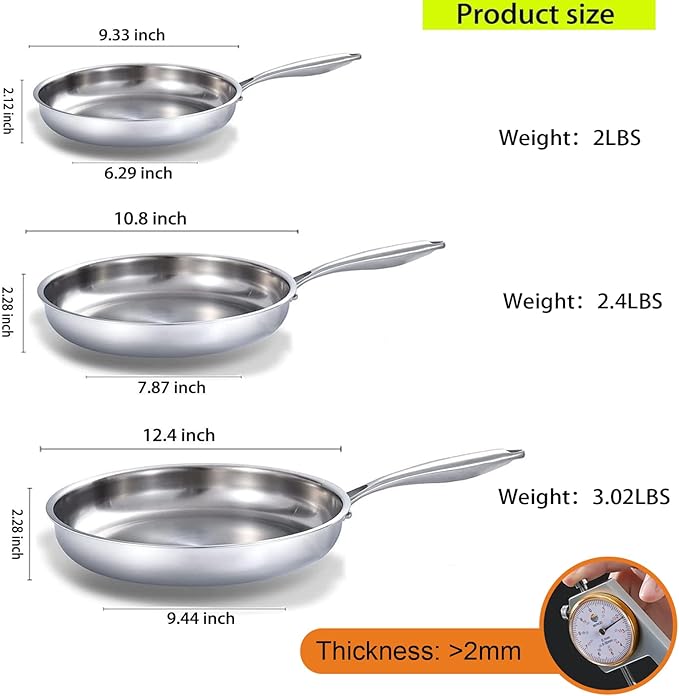 DELARLO Whole Body Tri-Ply Stainless Steel Frying Pan set, 8??10??12??Cooking pans, Kitchen Cookware Set, Fast Heating Chef's pan with Ergonomic Handles, Suitable for All Stove