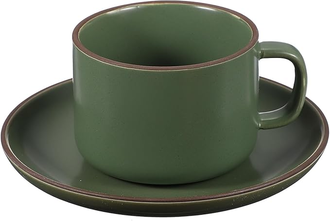uxcell Handmade Vintage Espresso Cups, 8 oz Coffee Cups and Saucers Ceramic Tea Cup with Handle Dishwasher and Microwave Safe for Latte Cappuccino Milk Office Home Gifts, Pure Dark Green