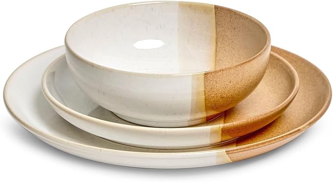 Sango Phoebe 12-Piece Multicolor Stoneware Dinnerware Set ??Service for 4, Plate & Bowl Set, Caramel Stoneware with a Rustic White Glaze, for Daily Dining & Entertainment, Microwave & Dishwasher Safe
