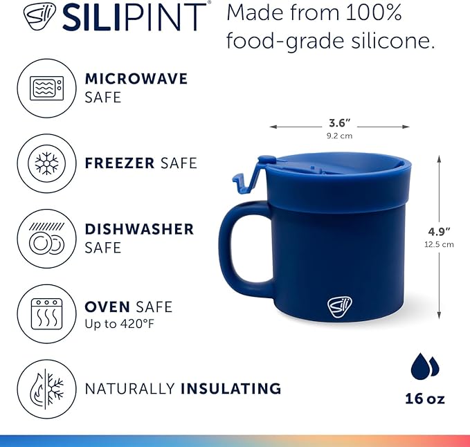 Silipint 16oz Silicone Coffee Mug Tumbler with Flip Lid ??Unbreakable Dishwasher Safe Microwave Oven & Freezer Compatible ??Non-Toxic Reusable Cup, Coffee Tea, Cold Drinks, Classic Blue - Pack of 2