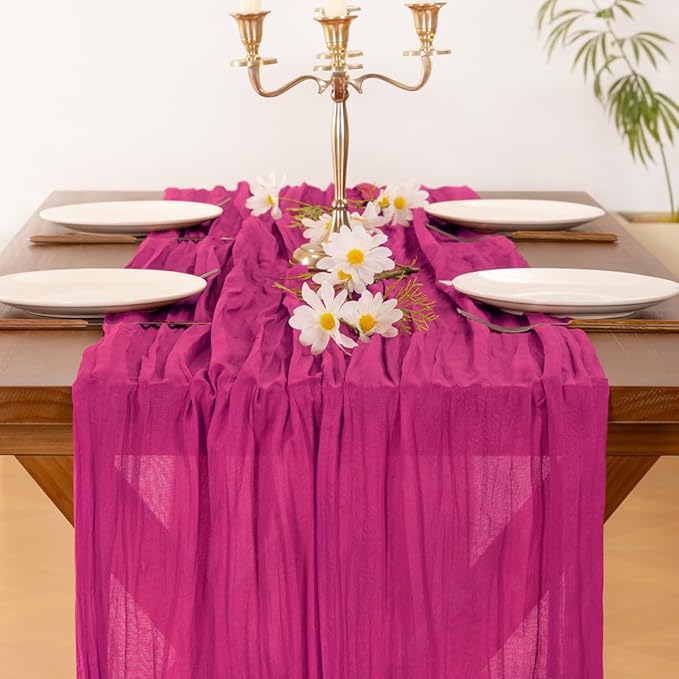 Socomi 3pcs Fuschia Spring Cheesecloth Table Runner Boho Rustic Gauze 120 inch 10FT Cheese Cloth Runner for Wedding Party Baby Shower Birthday Home Decor