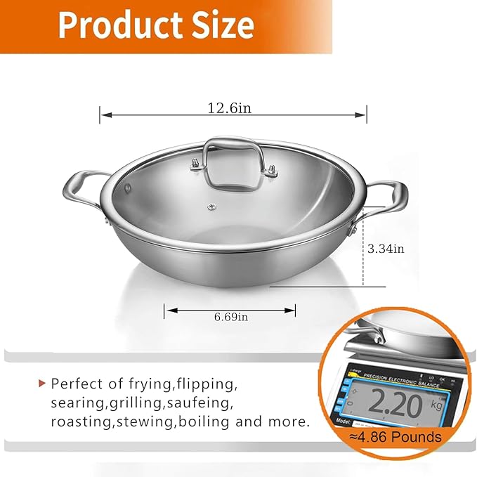 DELARLO Tri-Ply Stainless Steel Wok Pan With Lid, Fast & Even Heat 12Inch Large Stir Frying pan, Induction Saute Pan, Dishwasher Safe Cooking Pan, Induction, Broiler Safe 600℉
