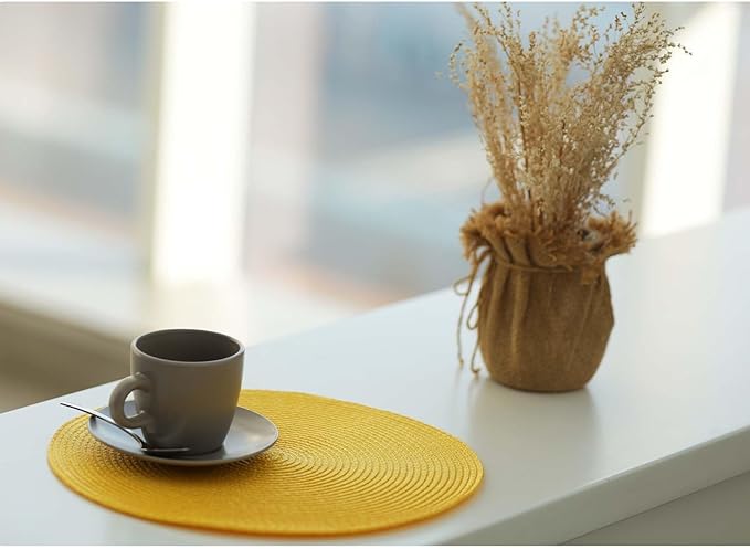 FunWheat Round Braided Placemats Set of 6 Place Mats for Dining Tables Woven Washable Non-Slip Table mats Small 13 inch(S Yellow, 6pcs)