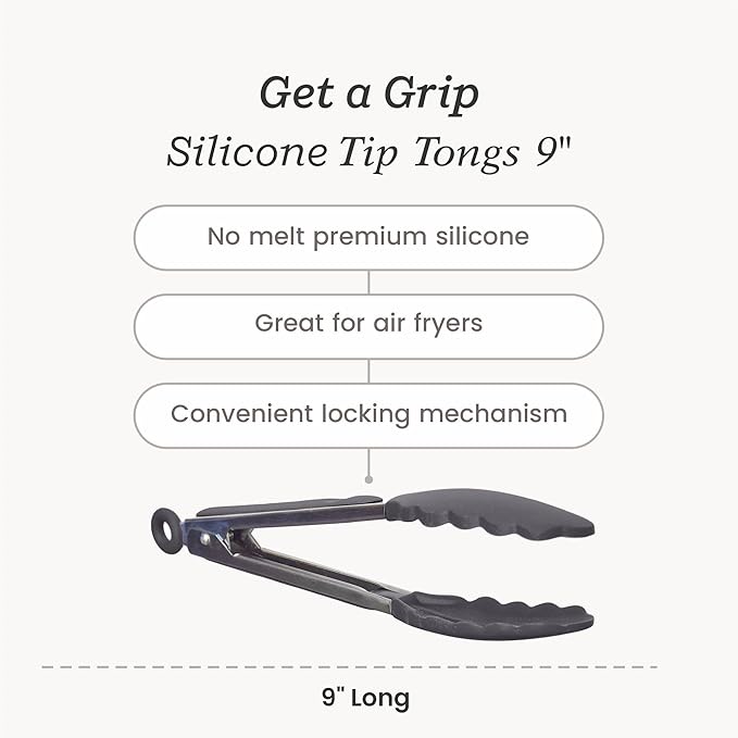 StarPack Premium Silicone Kitchen Tongs 9-Inch - Stainless Steel with Non-Stick Silicone Tips, High Heat Resistant to 600째F, For Cooking, Serving, Grill, BBQ & Salad (Stormy Grey)