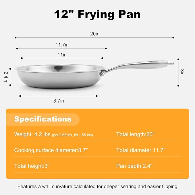 Stainless Steel Pan竊똍on-Toxic PFAS, PFOA & PTFE Free, Compatible With All Cooktops & Induction Safe, Oven Safe Pan for Searing & Saut챕ing, Long Lasting Cookware. (12 Inch)