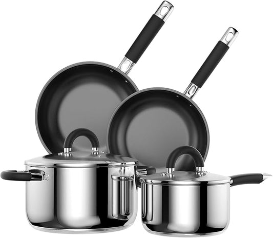 Pots and Pans Set, Stainless Steel Cookware Set of 6, Non Stick Frying Pans, 5 Ply Base Dishwasher Safe