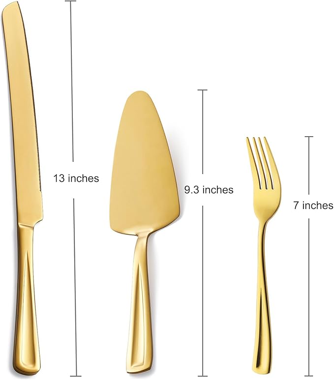 GoGeiLi 13-Inch Gold Cake Knife and Server Set with 4 Salad Forks, 18/0 Stainless Steel Wedding Cake Cutting Set for Wedding, Birthday, Anniversary, Mirror Polished, Dishwasher Safe