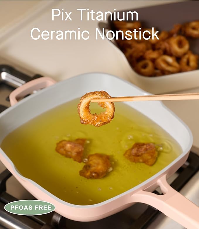 10.5 Inch(3.8QT) Ceramic Pan with Lid,Non Stick Frying Pans Cast Aluminum Deep Saut챕 Pans,Ti-Ceramic Non Toxic Pix Pan with Wooden Spatula and Scrubber-Desert Clay