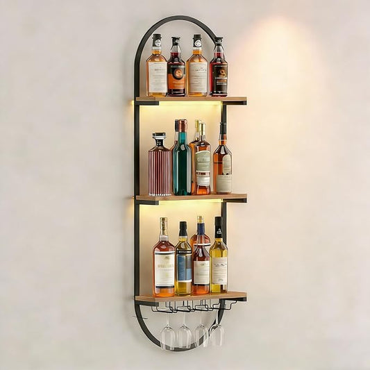 Wall Mounted Wine Rack, Black Industrial Floating Shelves, 3-Tier Bottle Display Glass Holder, for Home Bar Dining Room, Kitchen, Living Room (Black, 1PCS)