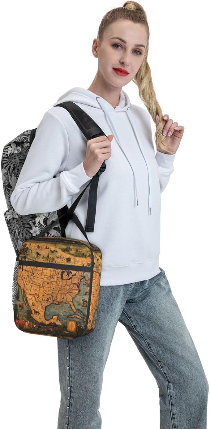 Insulated Lunch Box for Women Men, Vintage Map Theme Lunch Box Reusable Portable Lunch Bag Cooler Tote Waterproof Lunch Container for Office Picnic Work Travel