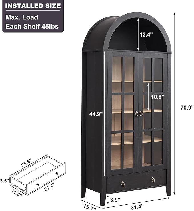 71" Tall Arched Cabinet, Modern Farmhouse Wooden Display Cabinet with Drawer and Glass Doors, 6 Tier Bookshelf w/Adjustable Shelves for Living Room, Office, Black