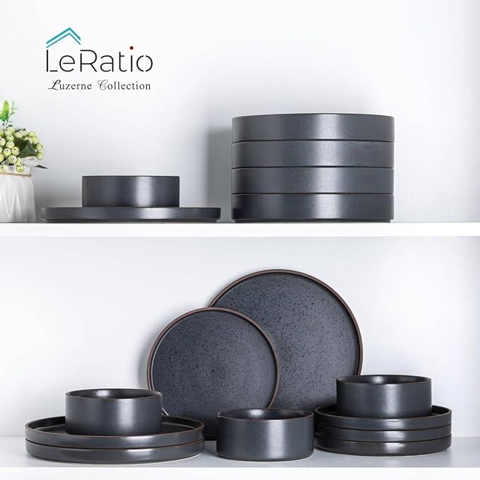 LERATIO Ceramic Dinnerware Sets for 6, High Edge Stoneware Plates and Bowls Set, Chip and Crack Resistant | Oven & Dishwasher & Microwave Safe Dishes Set, Service for 6 -Ashen