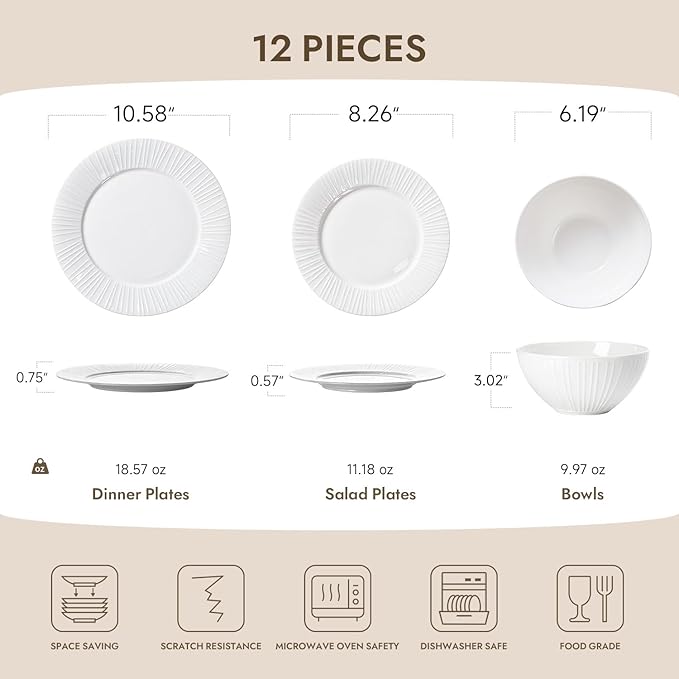 KINGSTONE Bone China Dinnerware Set, 12-Piece White Lightweight Porcelain with Textured Design Service for 4, Plates, Bowls, for Family Dining, Restaurants, Gifting竊똌icrowave and Dishwasher Safe