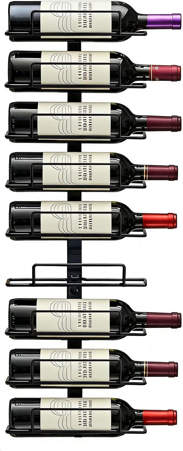 Modern Wall Mounted Wine Rack, Black Metal 9-Wine Bottle Holder for Wall Storage Display, Vertical Space Saving Design for Home Bar, Kitchen, Restaurant