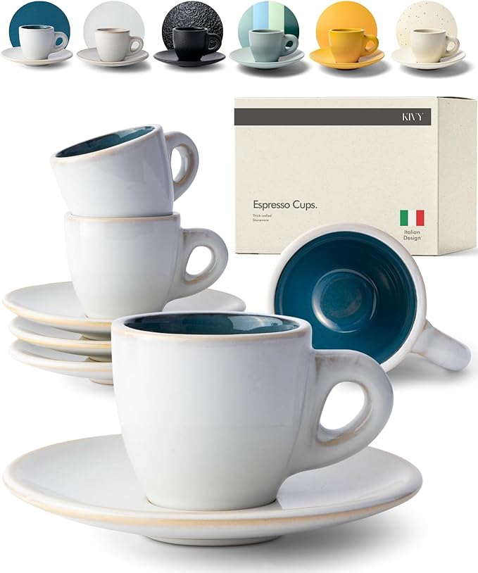 KIVY 3 oz Espresso cups set of 4 - Thick walled stoneware espresso cup set - Italian style espresso cups and saucers - Expresso shots cup - Small coffee mugs and saucers - Blue