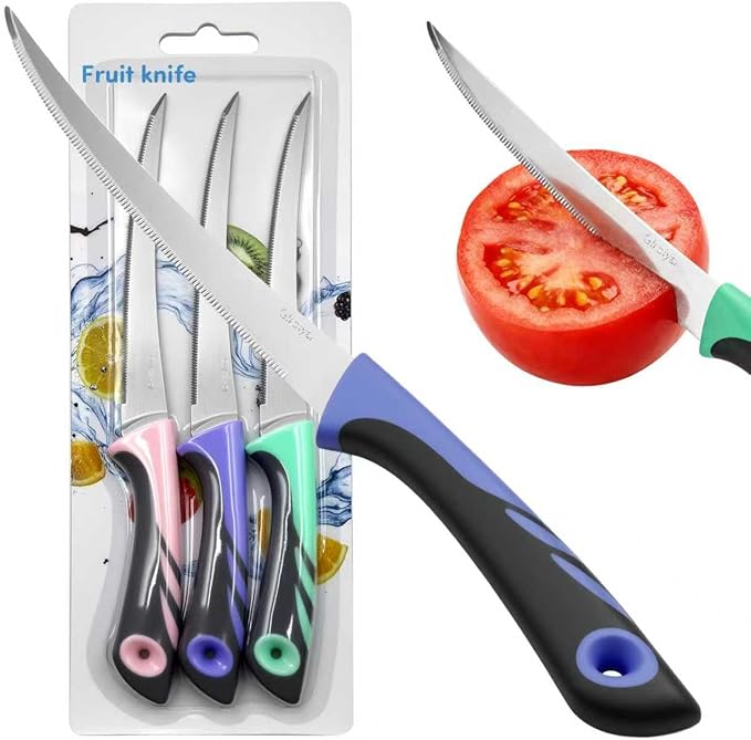 3 Pack Tomato Knife Set, Serrated Stainless Steel Paring Knives ??Ultra-Sharp Tomato Slicers with Non-Slip Handles for Fruits, Veggies & Bread
