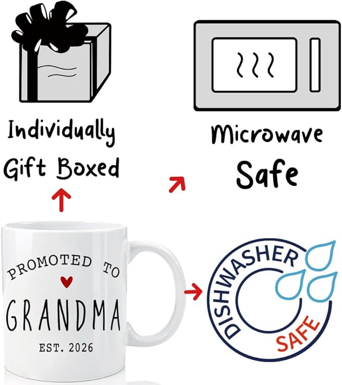 VLUG Promoted to Be Grandma Mug EST 2026 New Grandma Gift, Mothers Day Gift, EST 2026 Pregnancy Reveal Announcement Mugs Gifts, First Time Grandmother Gifts, New Baby Announcement Mug