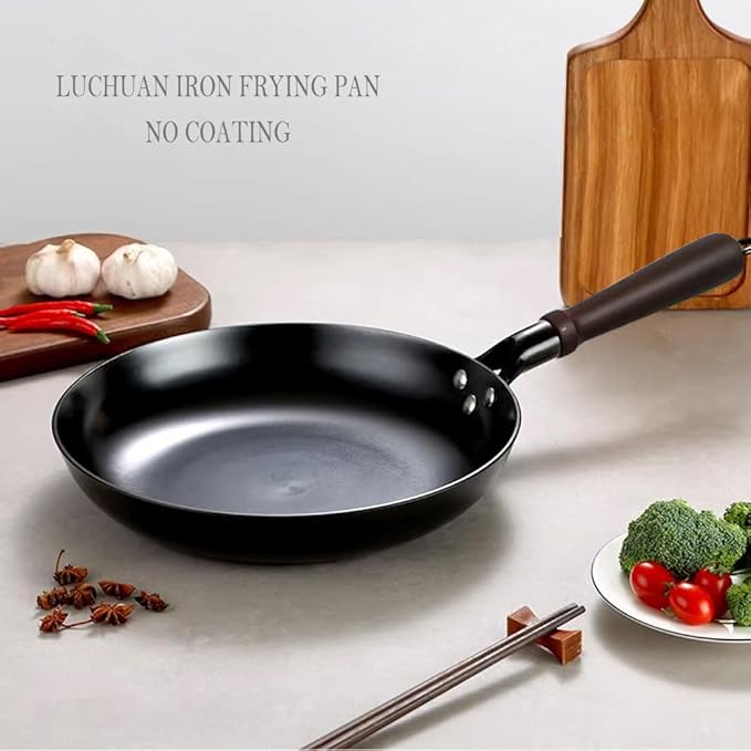 11.8"(30cm) Cast Iron Skillet Frying Pan Physical Non-Stick Cooking Pan with Wooden Handle, Use on the Gas & Electric Stove, Oven, Induction Cooktop, Grill or Over a Campfire,Fried Beef Steak