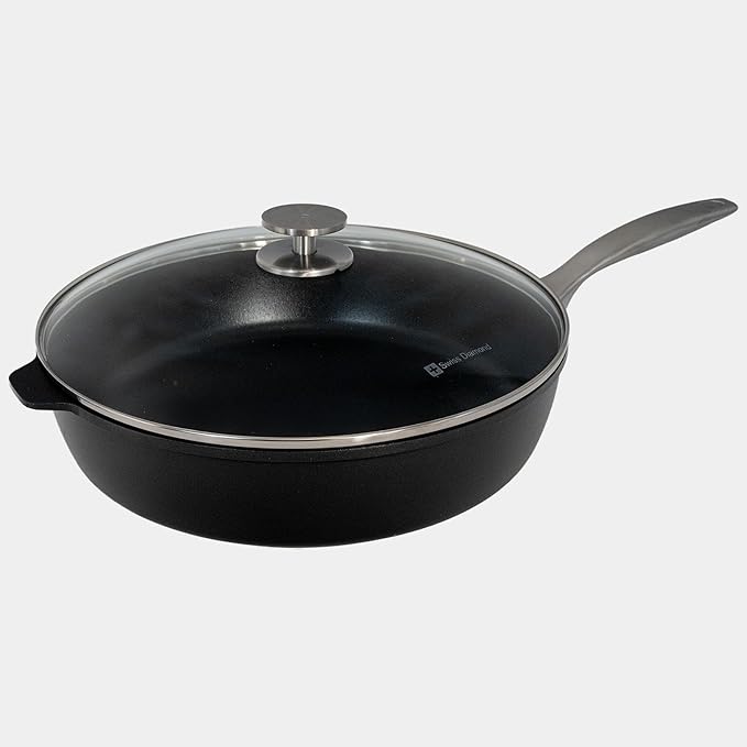Swiss Diamond Nonstick Hybrid Ceramic and Diamond-Infused Deep Saute Pan With Glass Lid, PFAS- and PFOA-free, Dishwasher & Oven Safe Up To 500 째F (5.8 Quart)