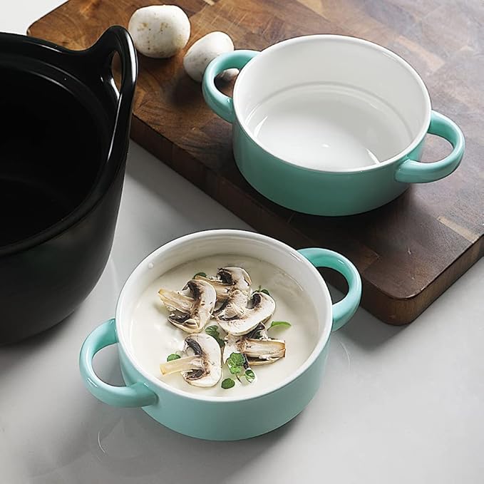 Sweejar Ceramic Soup Bowls with Double Handles, 20 Oz Stacked Bowls for French Onion Soup, Cereal, Pot Pies, Stew, Chill, Pasta, Set of 4(Dark Turquoise)