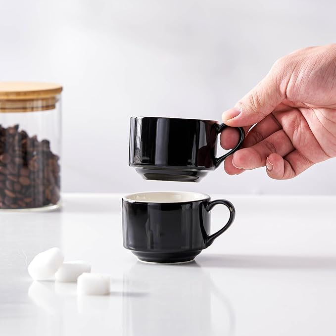 2.5oz Espresso Cups Set of 4, Small Stackable Coffee Cups with Saucers and Metal Stand, Ceramic Demitasse Cups, Cappuccino Cups for Coffee Drinks, Latte, Black