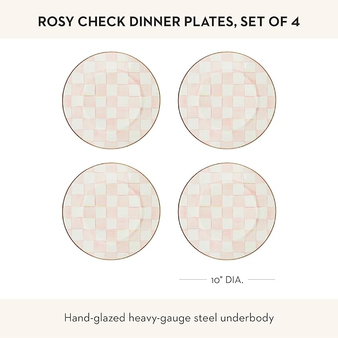 MACKENZIE-CHILDS Enamel Dinner Plate, Decorative Dinnerware Plate, 10 Inches, Set of 4, Pink-and-White Rosy Check