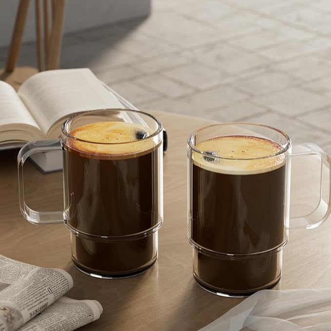 Aquach 18oz Stackable Glass Mugs with Handle, Set of 2 - Large Clear Coffee Cups for Latte, Cappuccino, Mocha, Americano, and Tea