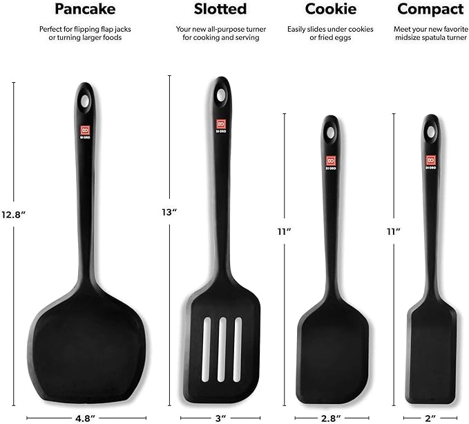 DI ORO Silicone Turner Spatula Set - Kitchen Spatulas for Nonstick Cookware - Cooking Utensils for Flipping Eggs & Pancakes - 600째F Heat-Resistant BPA Free Turners - Dishwasher Safe (4pc, Black)