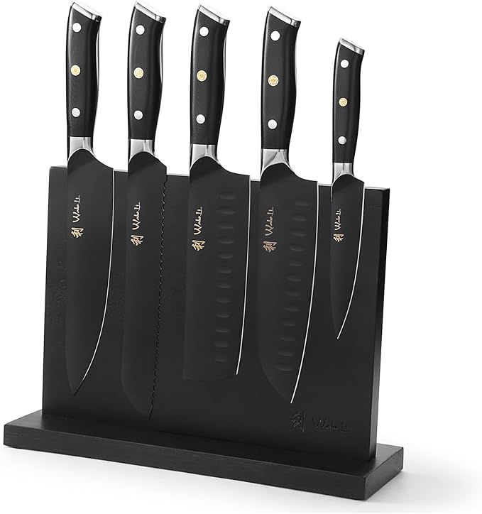 Wakoli Titanium Noir Knife Block Set ??5-Piece Chef Knife Set with Magnetic Acacia Block | 5Cr15MoV Stainless Steel Blades with Black Titanium Coating | Ergonomic G10 Handles | Kitchen Knives Gift Set