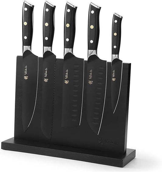 Wakoli Titanium Noir Knife Block Set ??5-Piece Chef Knife Set with Magnetic Acacia Block | 5Cr15MoV Stainless Steel Blades with Black Titanium Coating | Ergonomic G10 Handles | Kitchen Knives Gift Set