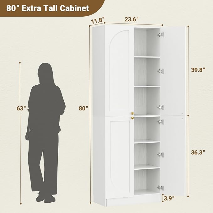 Cyclysio 80" Kitchen Pantry, Extra Tall Arch Storage Cabinet with 4 Doors and Adjustable Shelves, Freestanding Wood Cupboard with Seamless Fit Wall for Dining Living Room Bathroom Furniture (White)