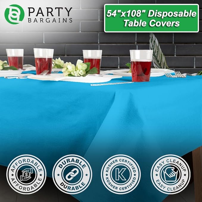 PARTY BARGAINS Disposable Table Covers, 54 x 108 Inch, Blue, 3-Ply Paper & Plastic Spill-Resistant Party Tablecloths, 5 Pack