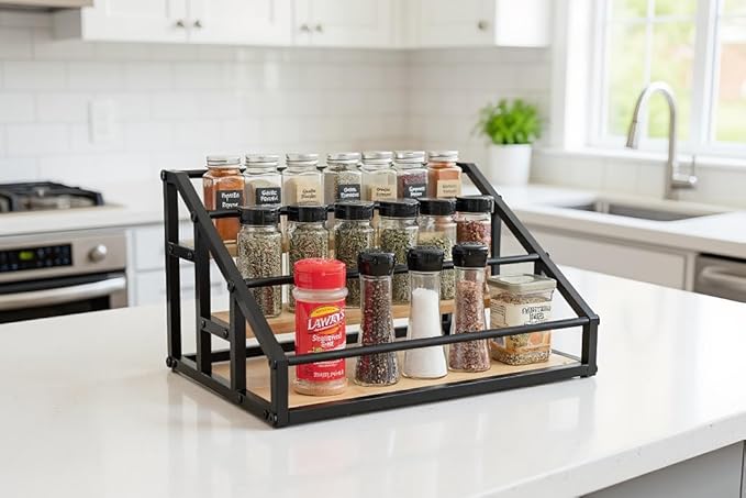 AT-VALY 3-Tier Liquor Bottle Display Shelf, Iron&Bamboo Countertop Wine Rack, Liquor Cabinet for Home Decor, Mini Bar (Black)