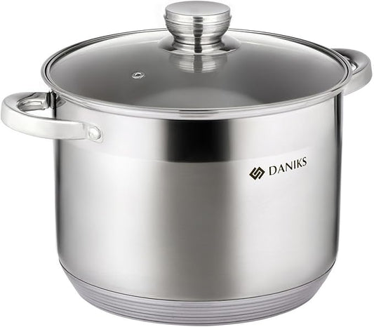 Daniks Standard 10 Quart Stainless Steel Stock Pot with Glass Lid, Try-Ply Bottom for Even Heating, Induction Compatible, Dishwasher Safe, Built-In Measuring Scale, Silver