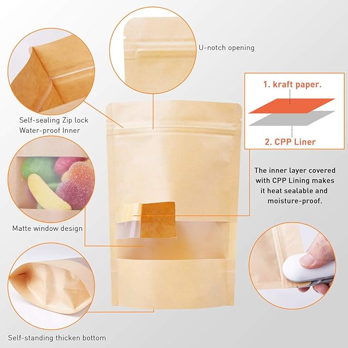 LZLPACKING Kraft Stand Up bags 100 Pcs,Brown Resealable with Window for Home or Business,Coffee,Food Storage Sealable Bags for Packaging(7.1횞10.2)